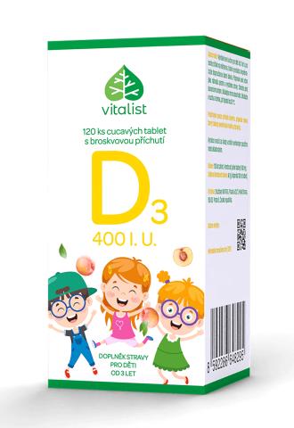 Vitamín D3 pro děti 400 IU s příchutí broskve, 120 tablet