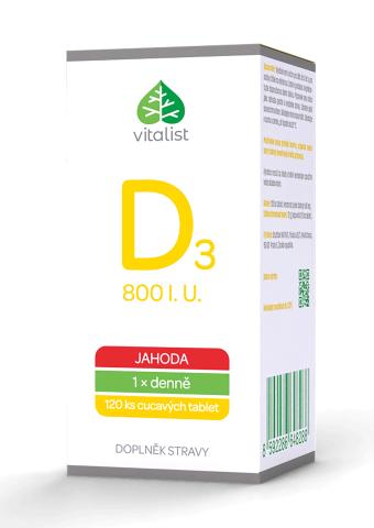 Vitamín D3 800 IU s jahodovou příchutí, 120 tablet